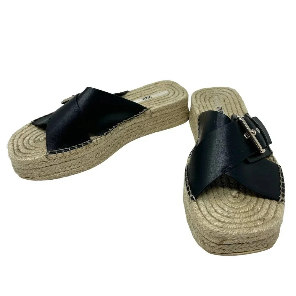 Zara Black Leather Buckle Espadrille Jute Slide Sandals Size‎ 41 / US 10.5